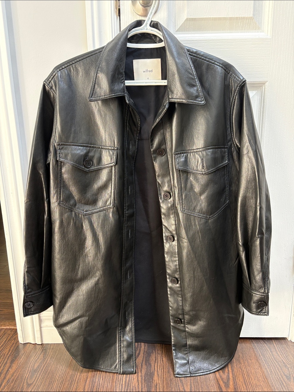 Wilfred Black Leather Shirt Jacket with Chest Flap Pockets